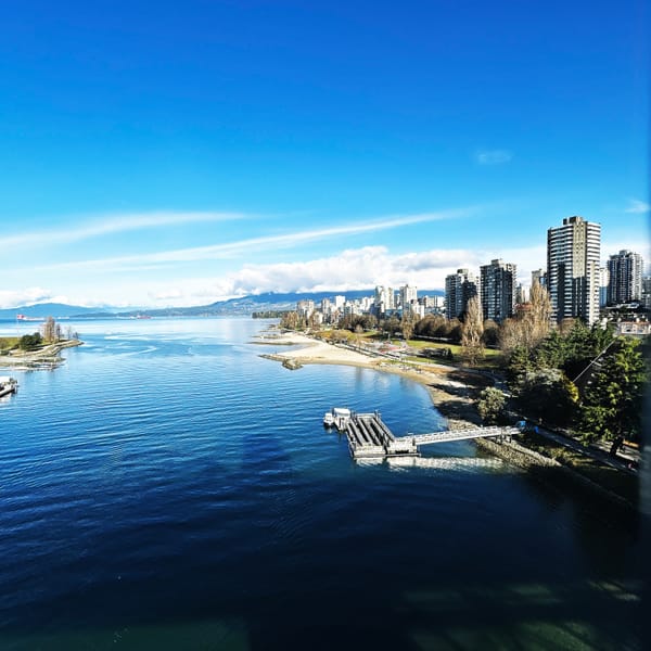 Entrance to False Creek and English bay, with the West End on the left as well as a dock for the aquabus.